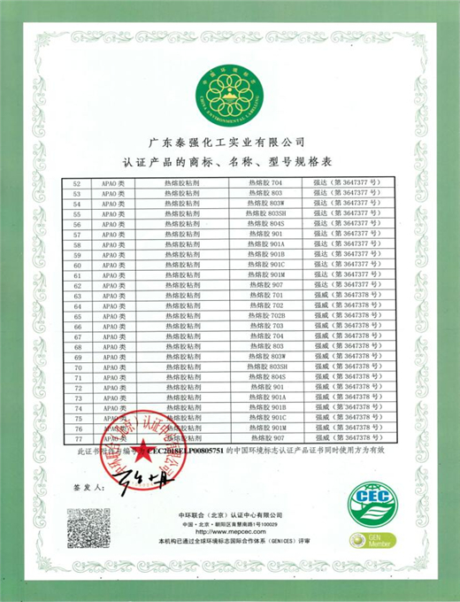 中国环境标志认证：水性胶、热熔胶